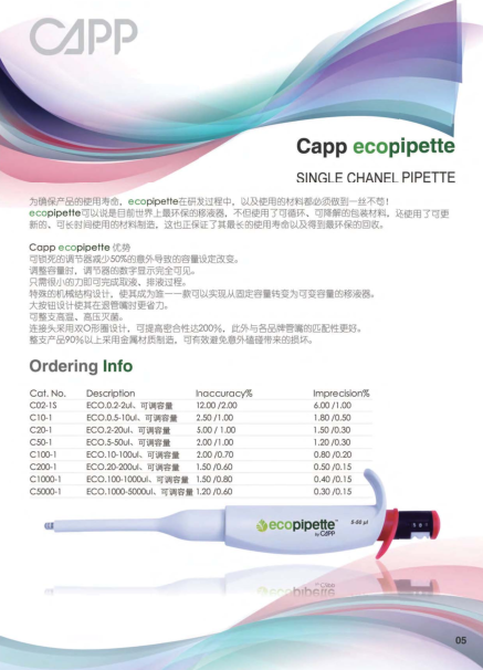 Capp eco系列单道可调量程移液器 金属材质 三年质保
