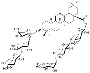 3-O-D-葡萄糖(1→3)-L-鼠李糖(1→2)-L-阿拉伯糖- 齐墩果酸–28-O-鼠李糖(1→4)葡萄糖(1→6)葡萄糖苷    3-O-D-glucopyranosyl( 1→3)-L-rhamnopyranosyl(1→2)-L-arabinopyranosyl Oleanolic acid – 28-O-rhamnopyranosyl(1→4
